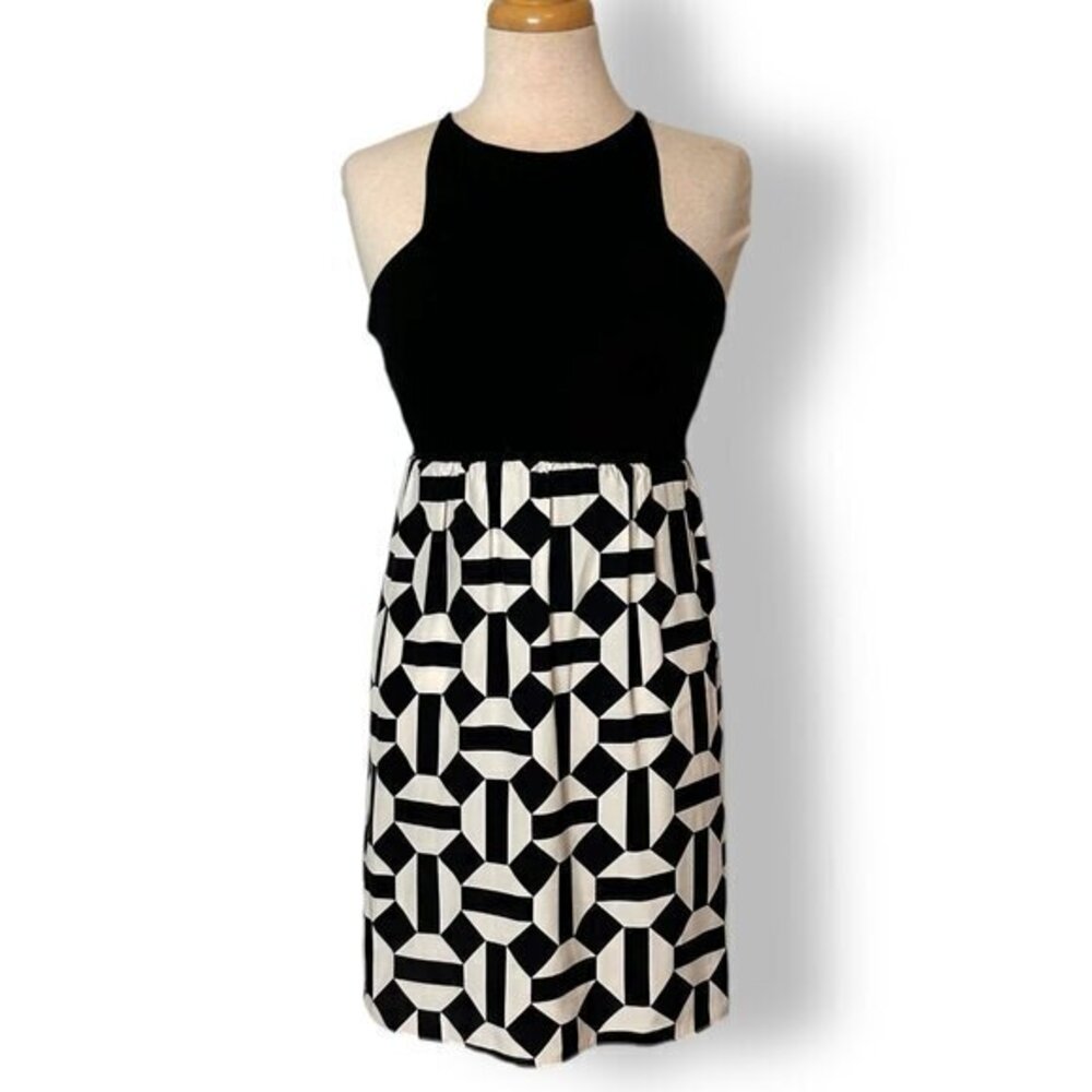 Alice & Trixie Black White Geo Silk Dress High Neck Racerback Sz S